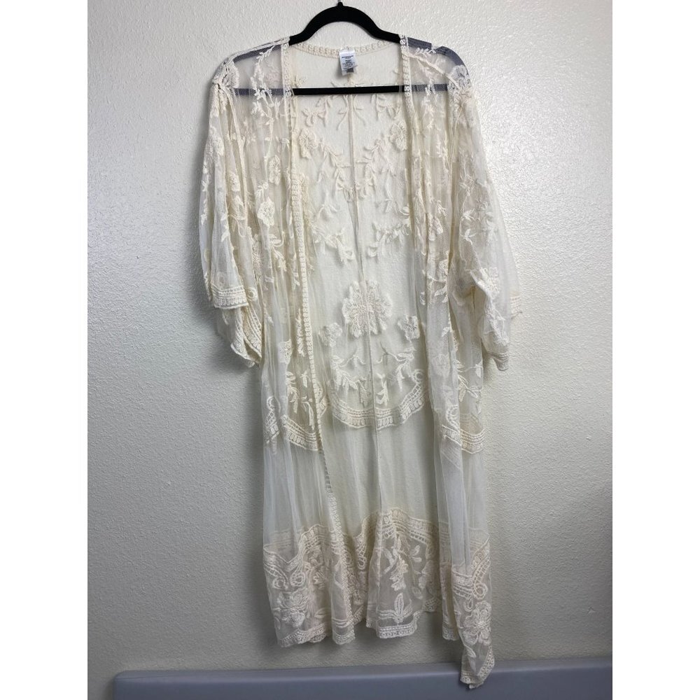 Womens Kimono size XL Cream Floral Lace Wedding Beach Romantic Cottagecore Boho